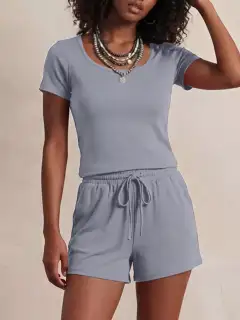 Drawstring Pocketed Tee and Shorts Matching Set