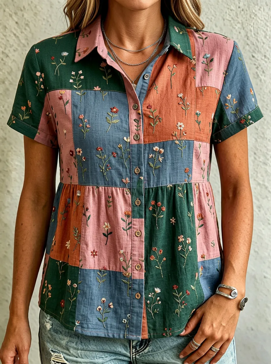 Women's Floral Lover Patchwork Embroidered Cotton Linen Shirt