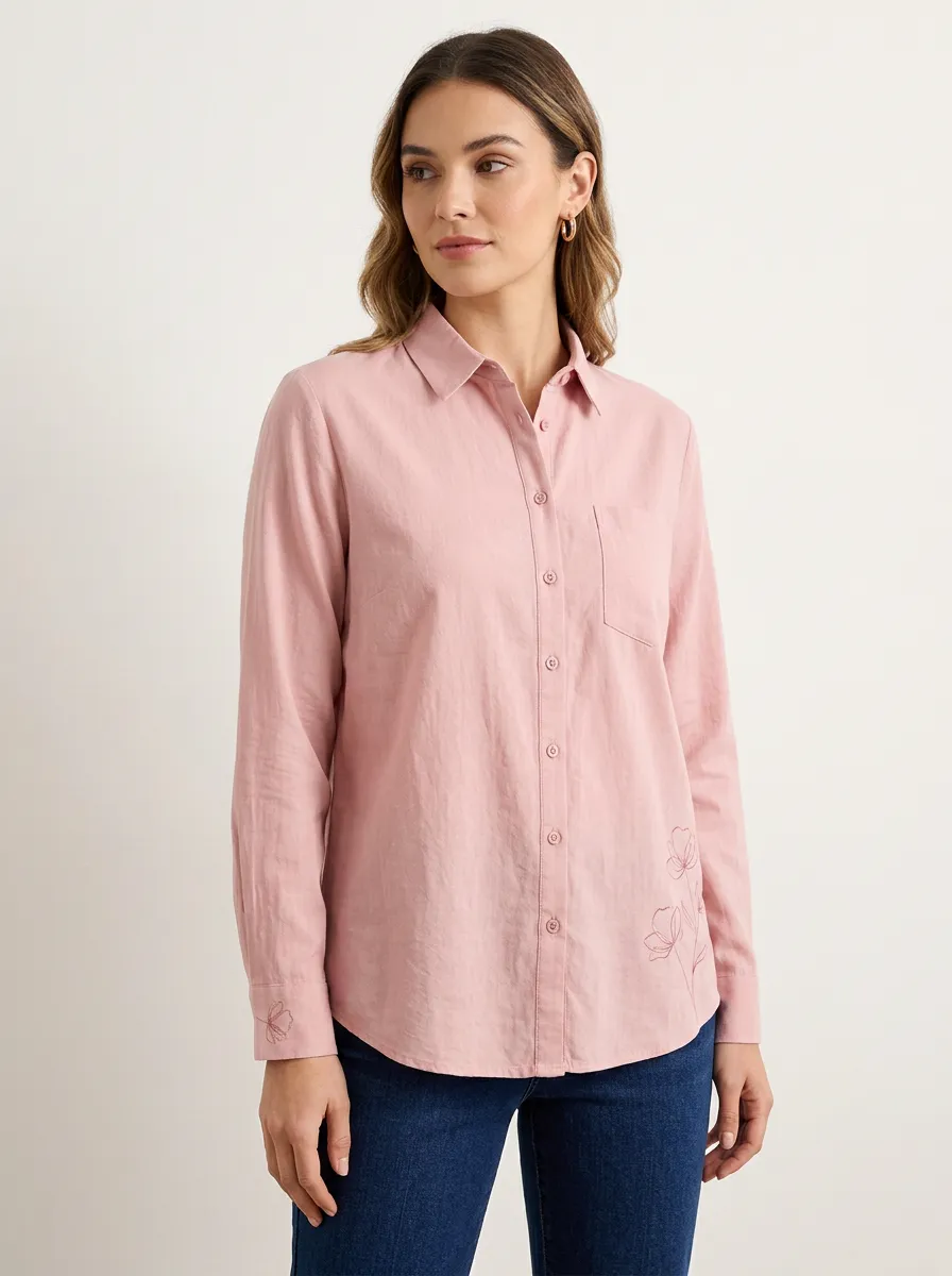 Women's Floral Minimalist Pink Line Art Printed Shirt
