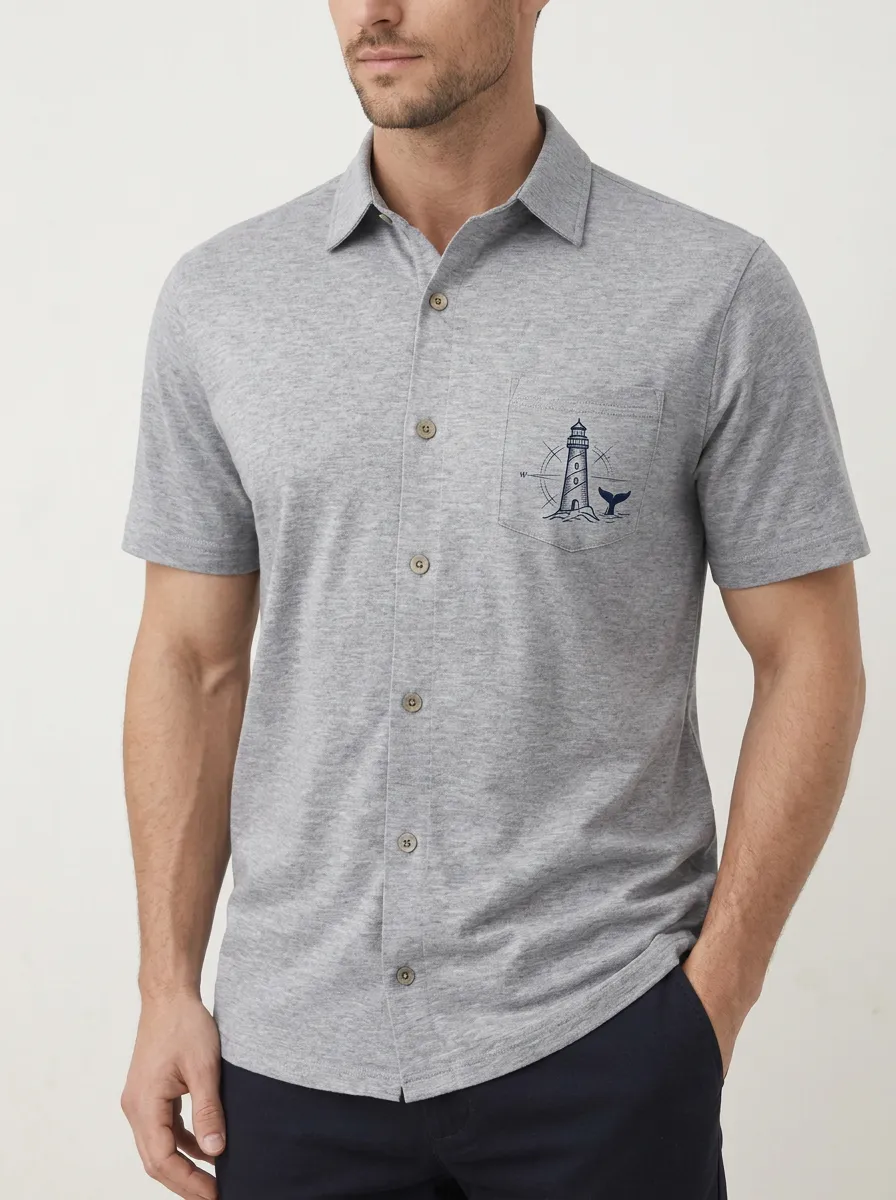 Men's Nautical Lighthouse Whale Tail Printed Polo Shirt
