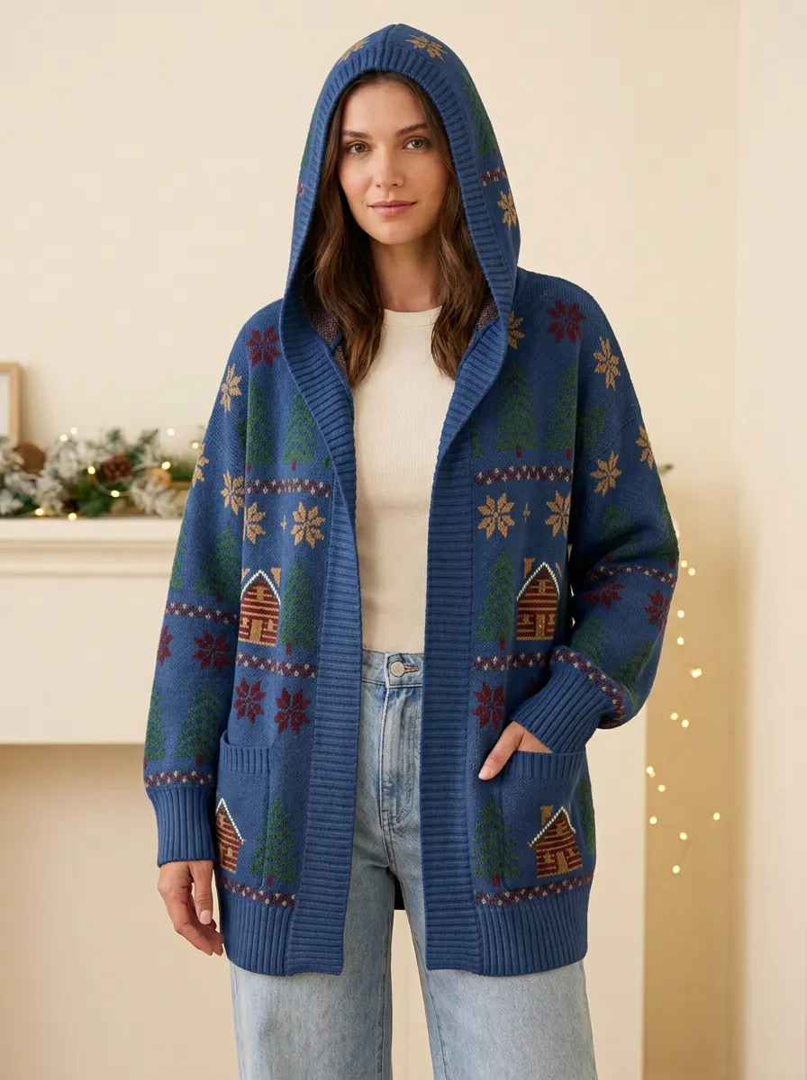 Christmas Holiday Cabin Tree Pattern Knit Hooded Cardigan