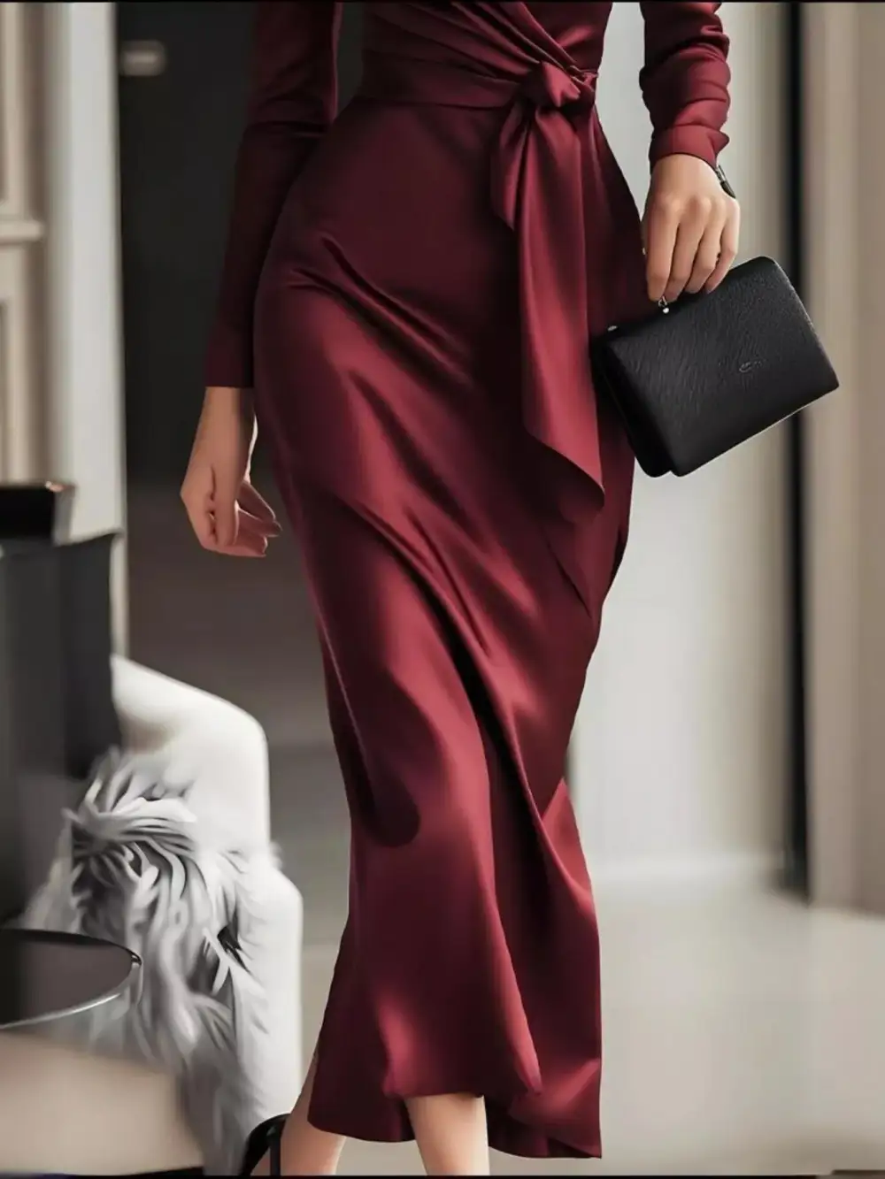 Surplice Long-Sleeve Satin Casual Dress