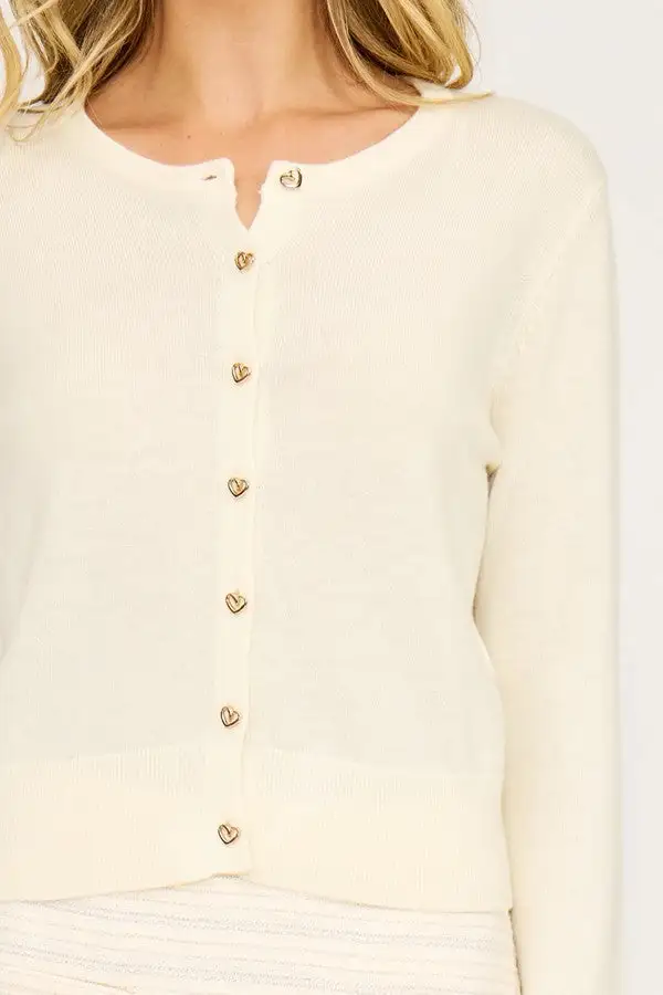 Cream Heart-Button Knit Cardigan