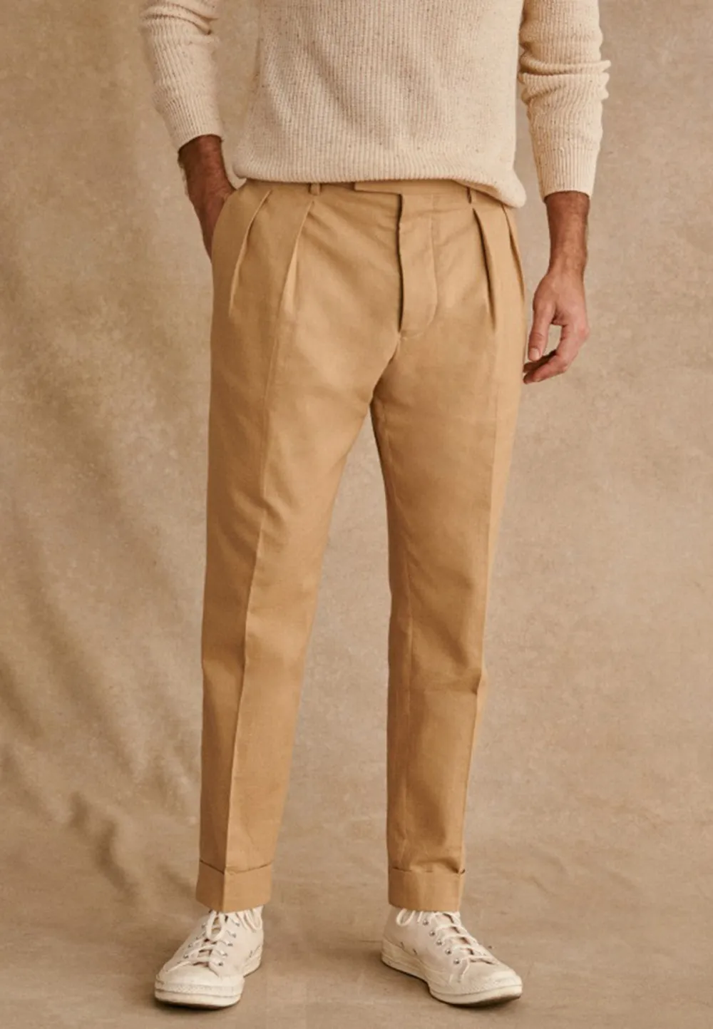 Sand Beige Pleated High Waist Cropped Trousers