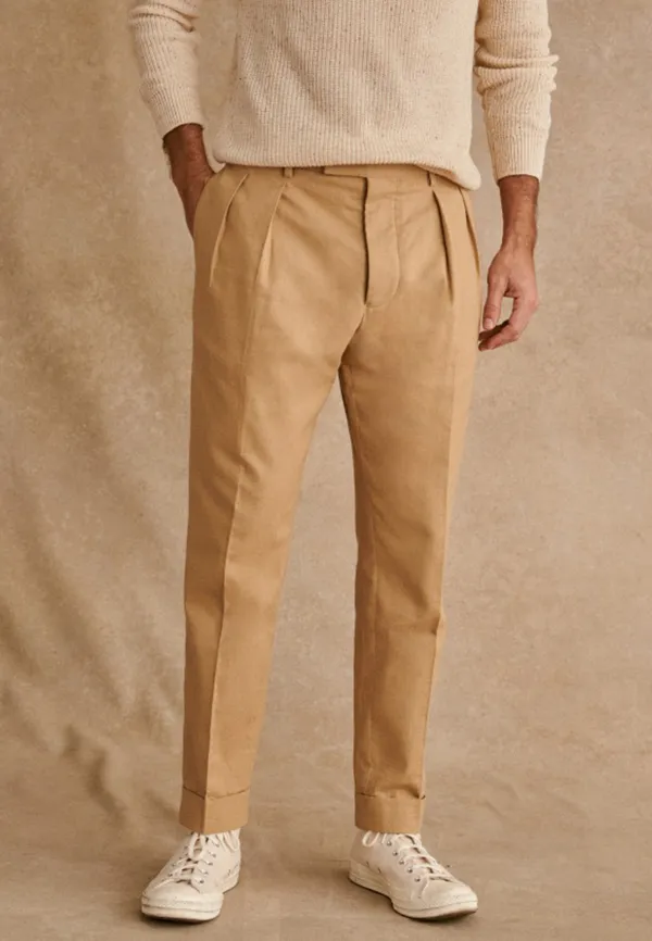 Sand Beige Pleated High Waist Cropped Trousers