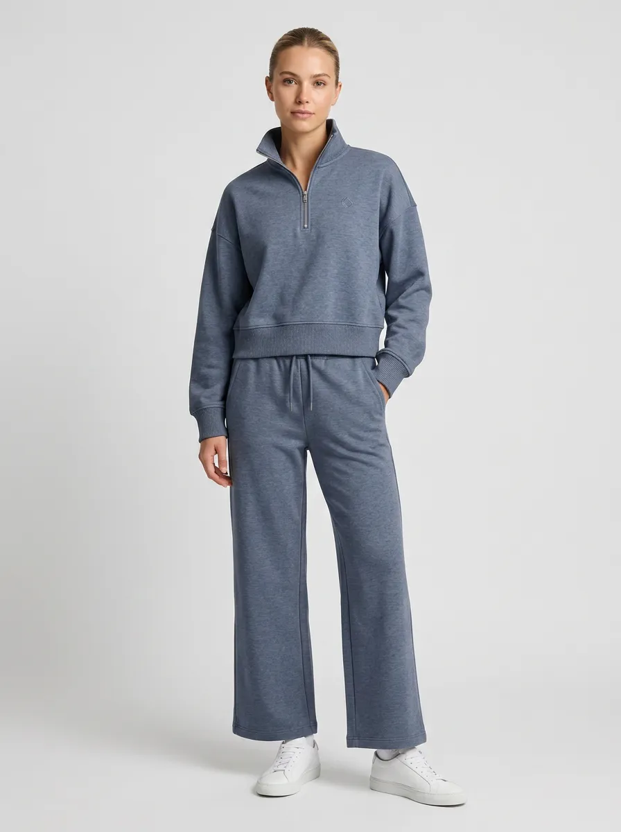 Women's Casual Minimalist Blue Quarter-Zip Sweatshirt Wide-Leg Pants Set