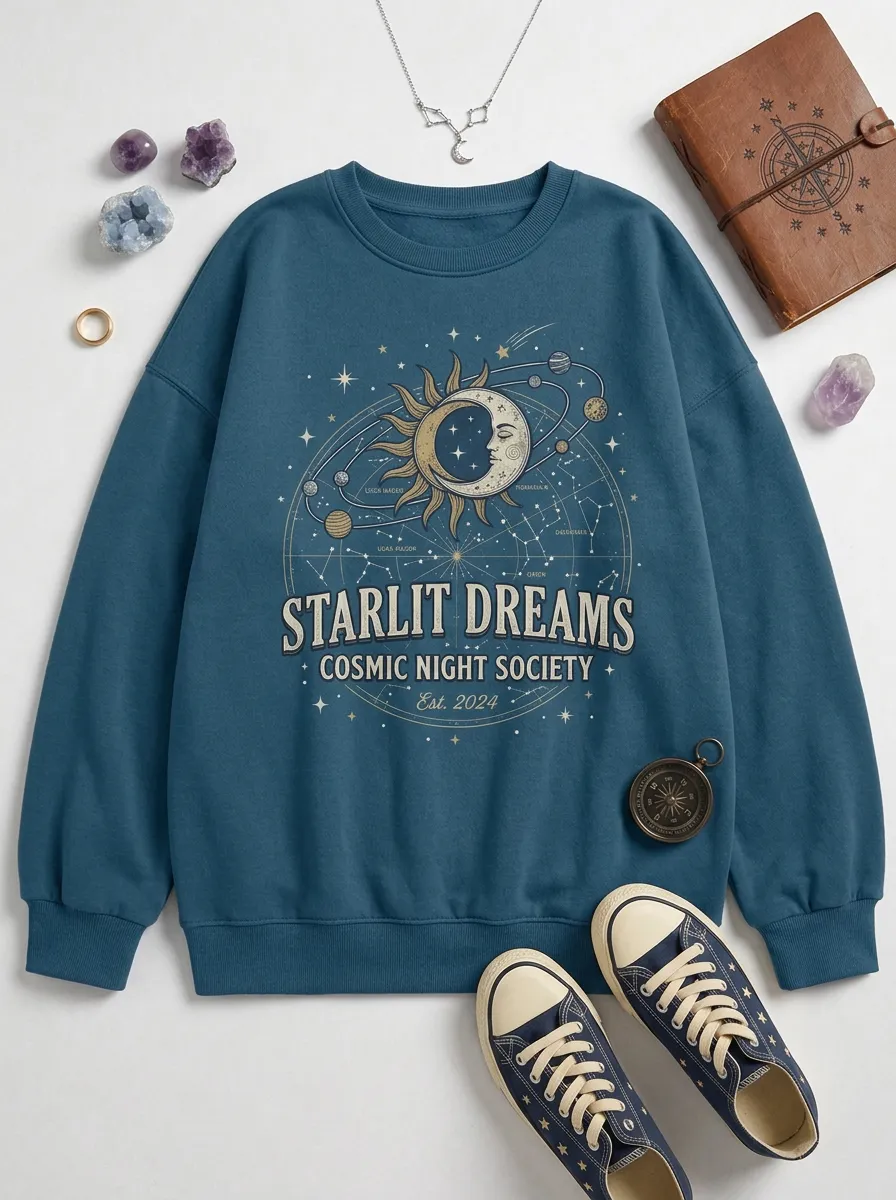 Women's Starlit Dreams Celestial Sun Moon Printed T-shirt