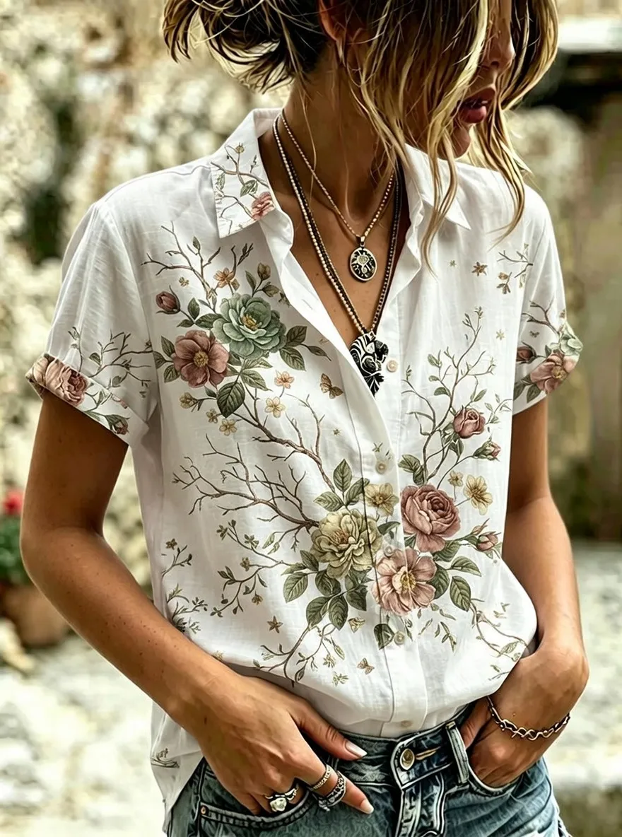 Women's Vintage Floral Botanical Printed Short Sleeve Shirt