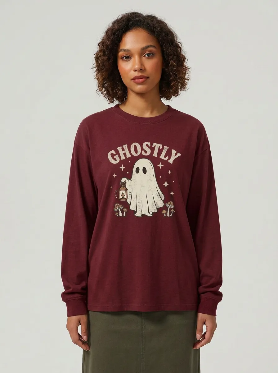 Women's Halloween Ghost Mushroom Lantern Printed Long Sleeve T-shirt