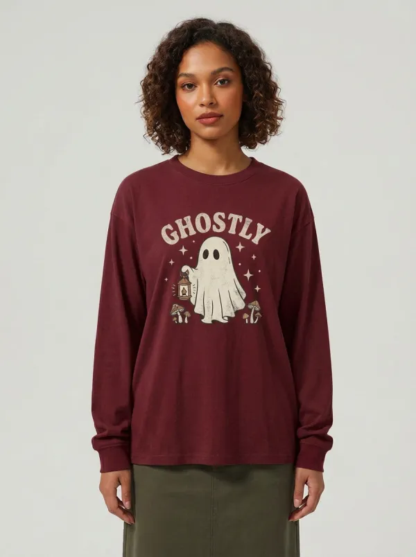 Women's Halloween Ghost Mushroom Lantern Printed Long Sleeve T-shirt