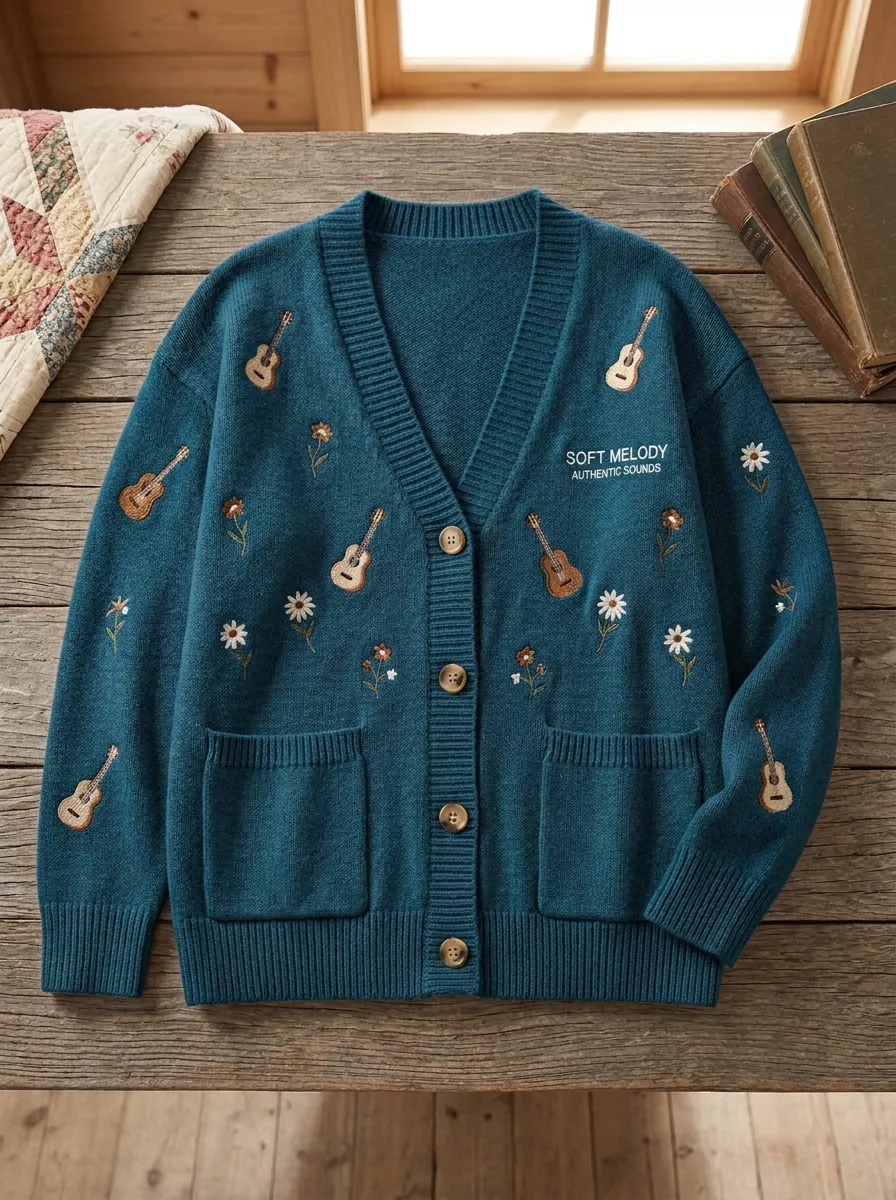 Vintage-Look Guitar Women's Country Music Casual Cardigan