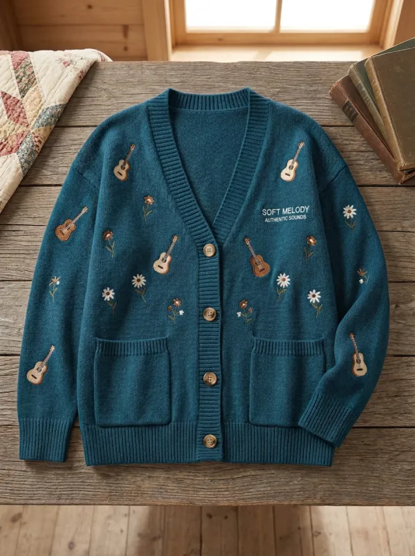 Vintage-Look Guitar Women's Country Music Casual Cardigan