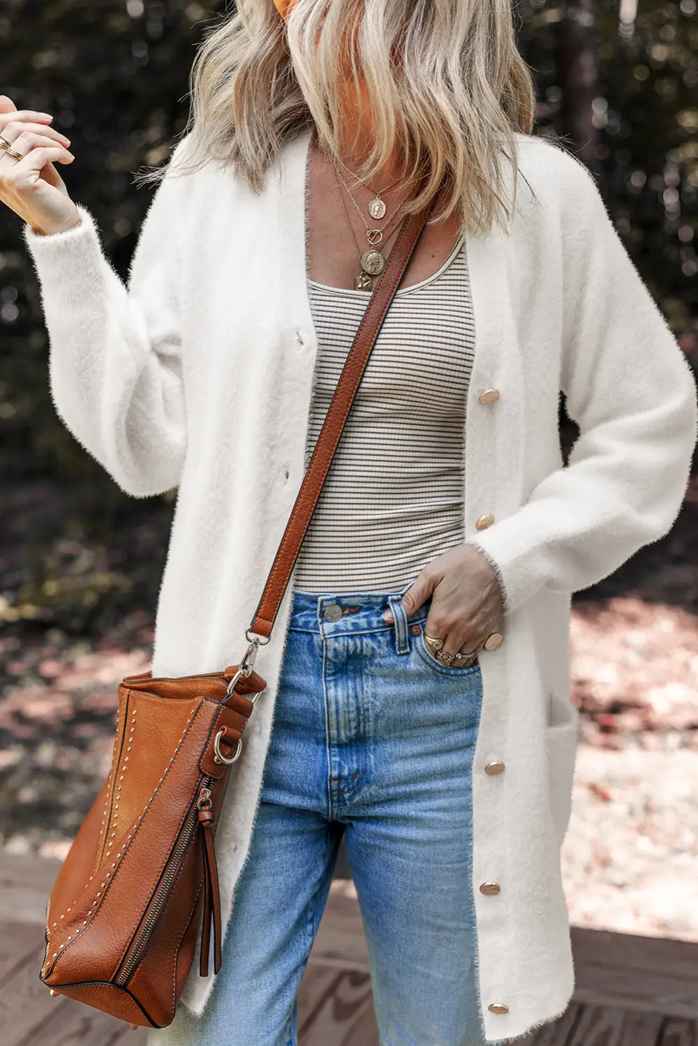 Fuzzy Button Front Midi Solid Cardigan