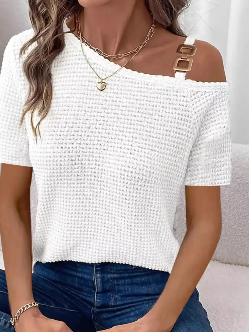 One Shoulder Chain Detail Waffle Knit Blouse