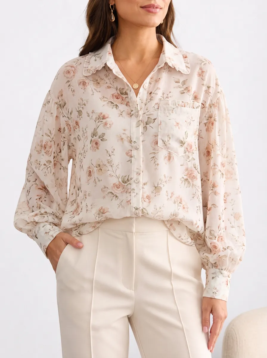 Women's Vintage Floral Rose Pattern Printed Button-Down Shirt