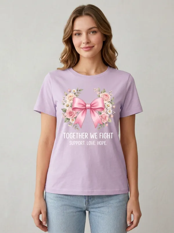 Women's Breast Cancer Awareness Floral Bow Printed T-shirt