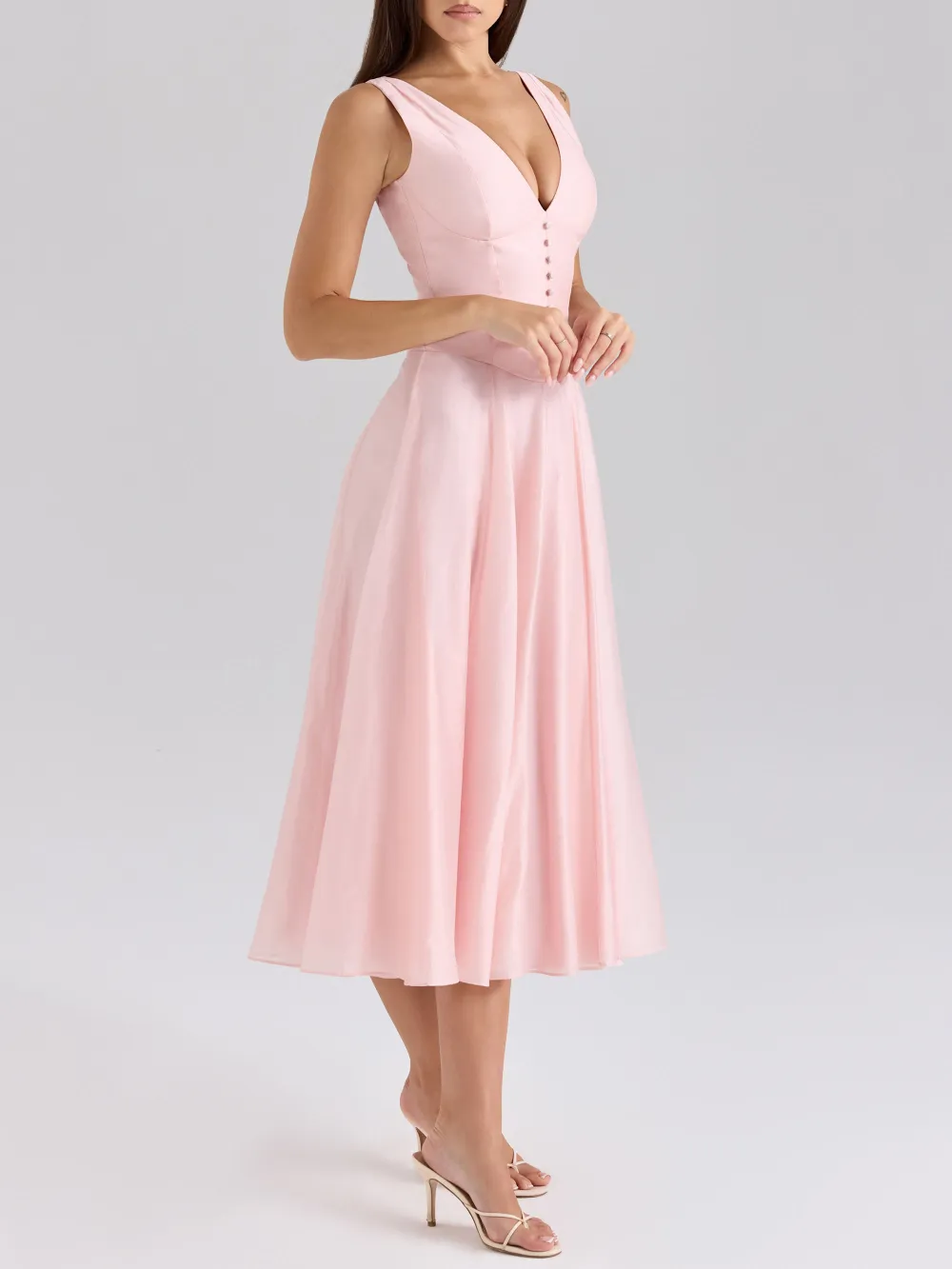 Elegant V Neck Chiffon Button Midi Dress