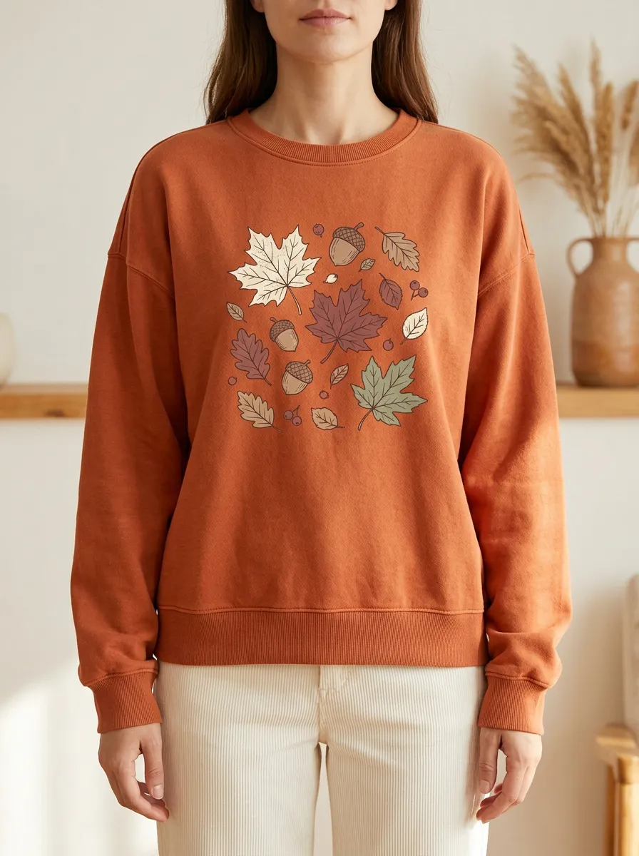 Textured Maple-Leaf Printed Acorn Graphic Sweatshirt