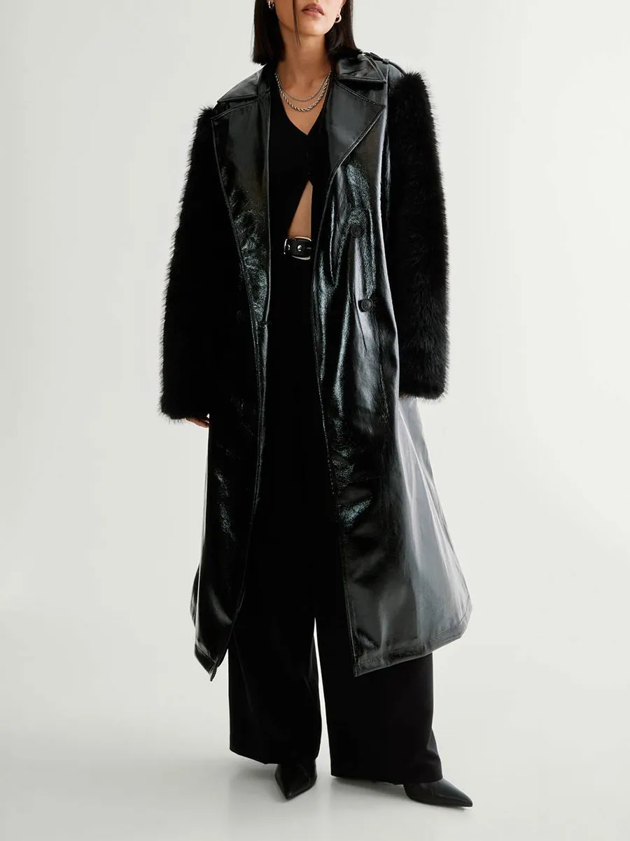 Women's Black Leather & Fuzzy-Paneled Long Coat