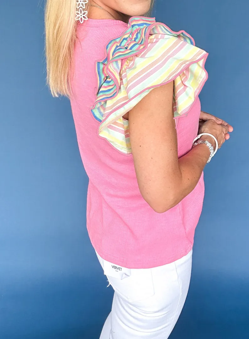 Striped Ruffled Ribbed Blouse