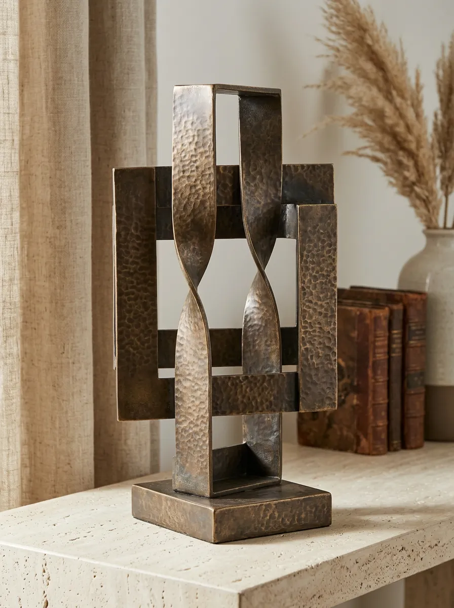 Modern Home Decor Abstract Geometric Hammered Bronze Metal Sculpture