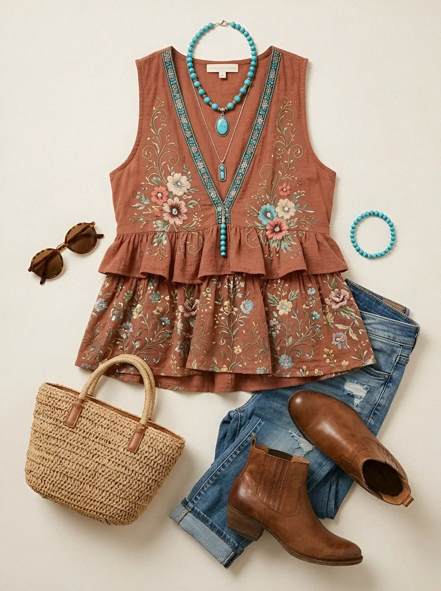 Women's Boho Floral Vintage Botanical Printed Short Sleeve Top