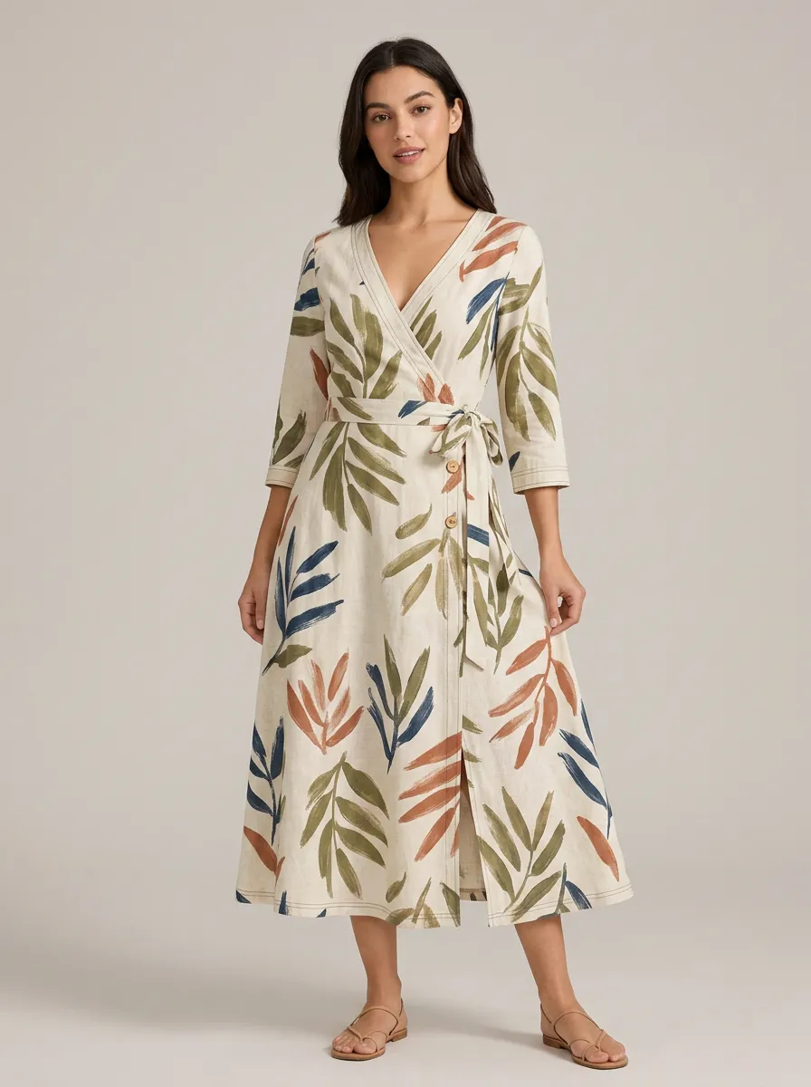 Women's Botanical Nature Lover Tropical Leaf Printed Wrap Dress