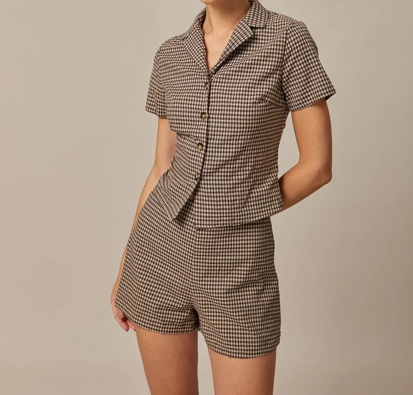 Brown Lapel Gingham Short Sleeve Blouse