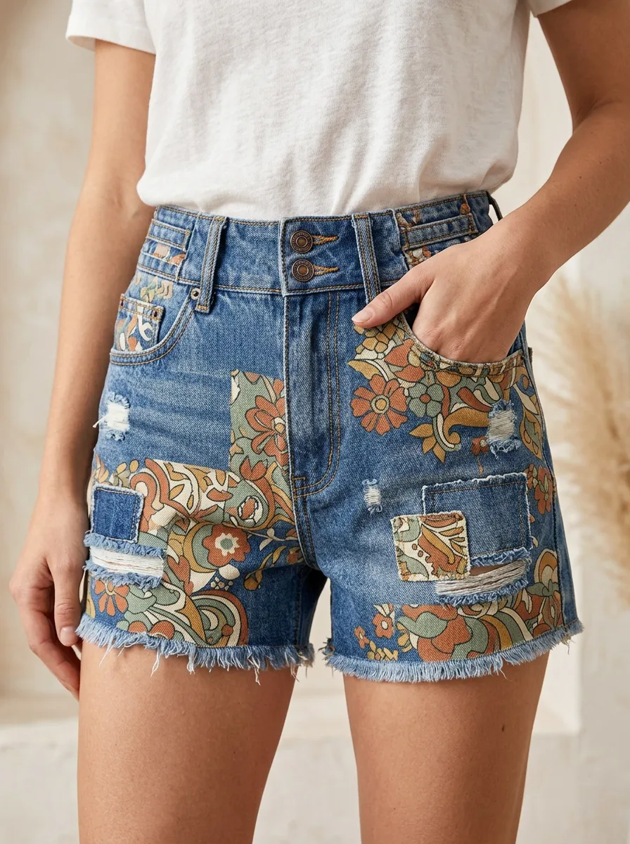 Women's Retro Floral Patchwork Distressed Denim Printed Shorts
