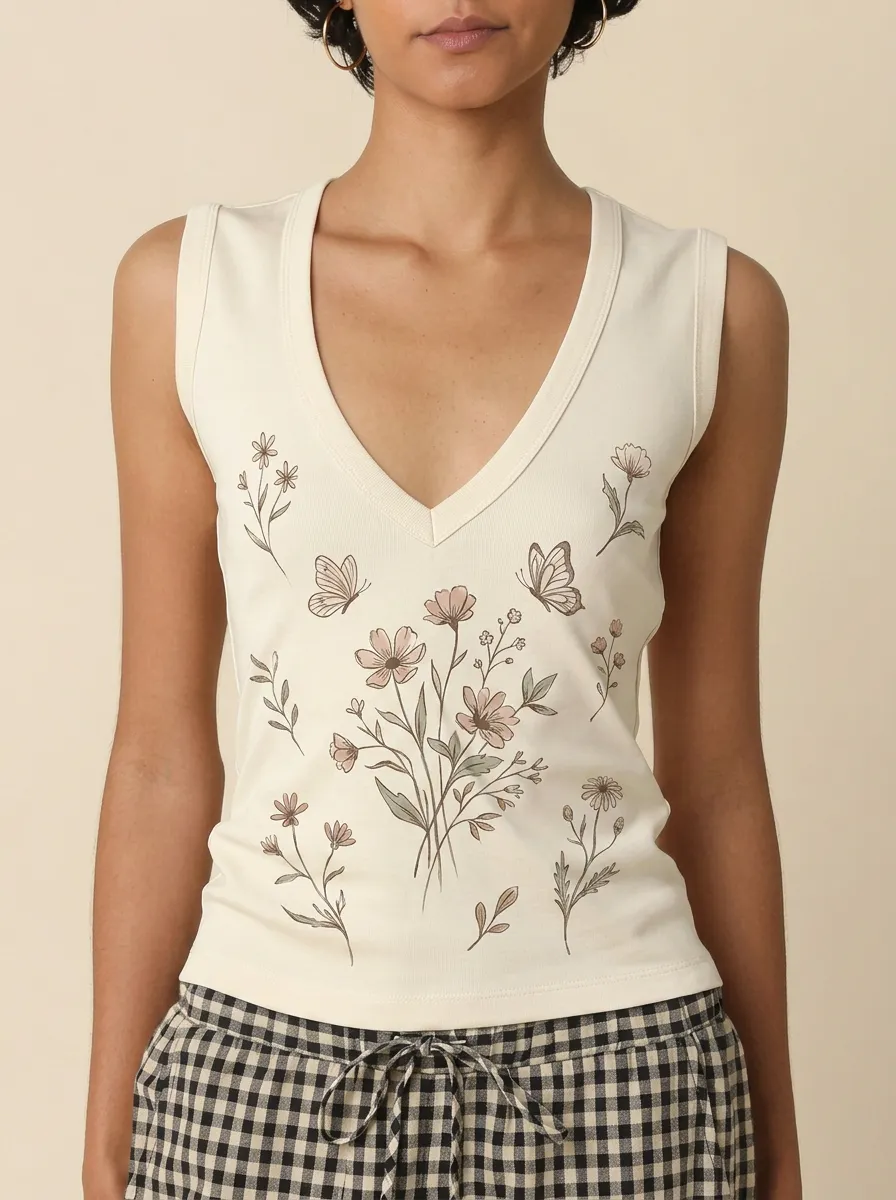Women's Nature Lover Butterfly Floral Printed V-neck Tank Top