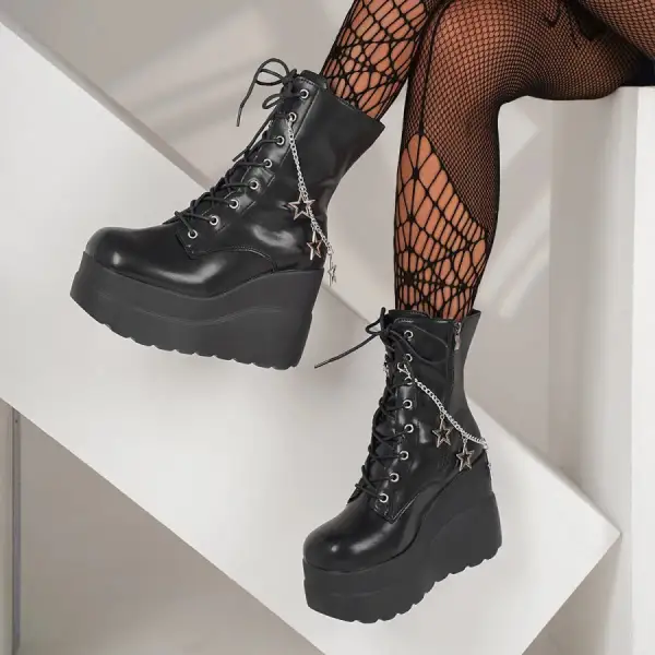 Textured Lace Up Platform Wedge Boots