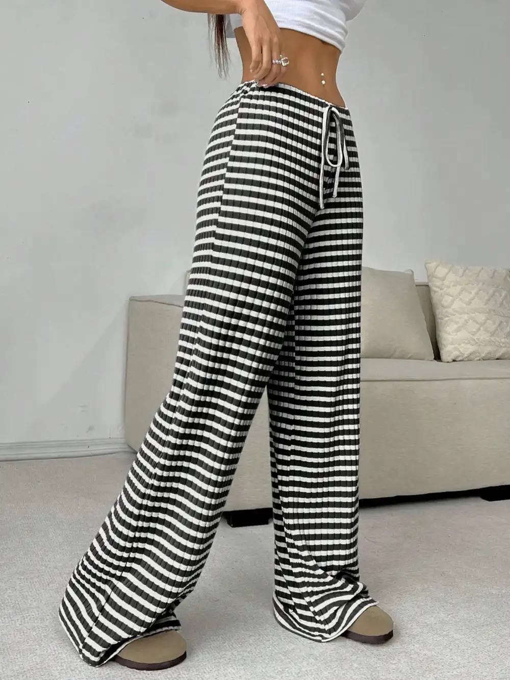 Wide Leg Drawstring Striped Casual Pants