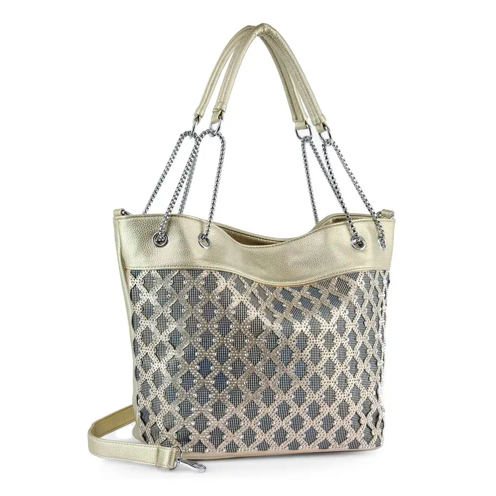 Modern Detail Crystal Accent Chain Accent Pocketed Faux Leather Shoulder Bag