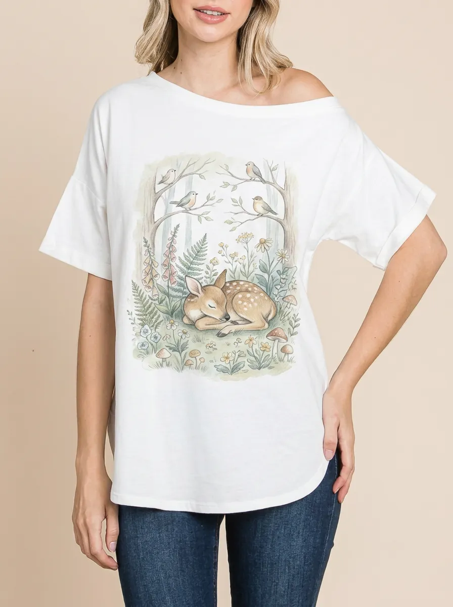 Women's Nature Lover Sleeping Fawn Forest Printed T-shirt