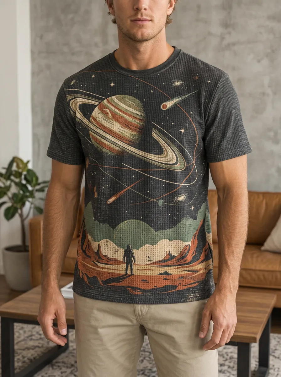Men's Space Explorer Saturn Planet Astronaut Crew Neck T-Shirt