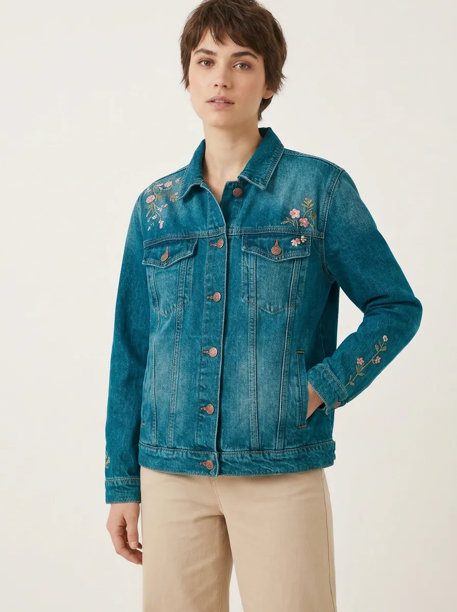 Women's Floral Embroidered Vintage Wash Embroidered Denim Jacket