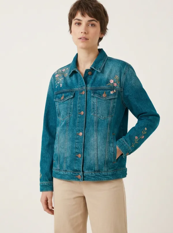 Women's Floral Embroidered Vintage Wash Embroidered Denim Jacket