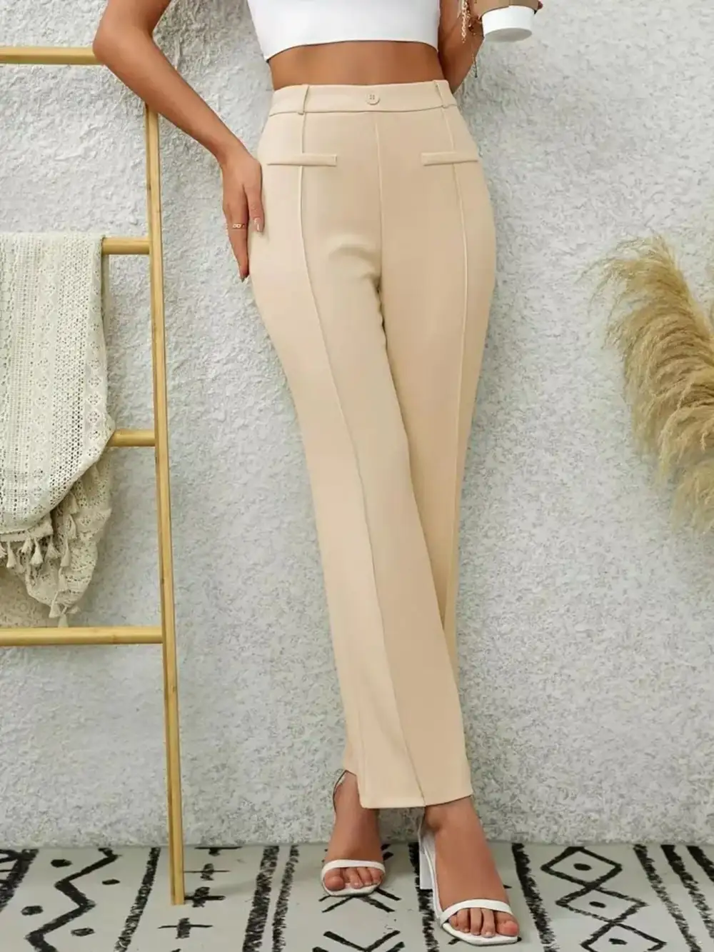 High Waist Flared Pocketed Seam Detail Casual Pants