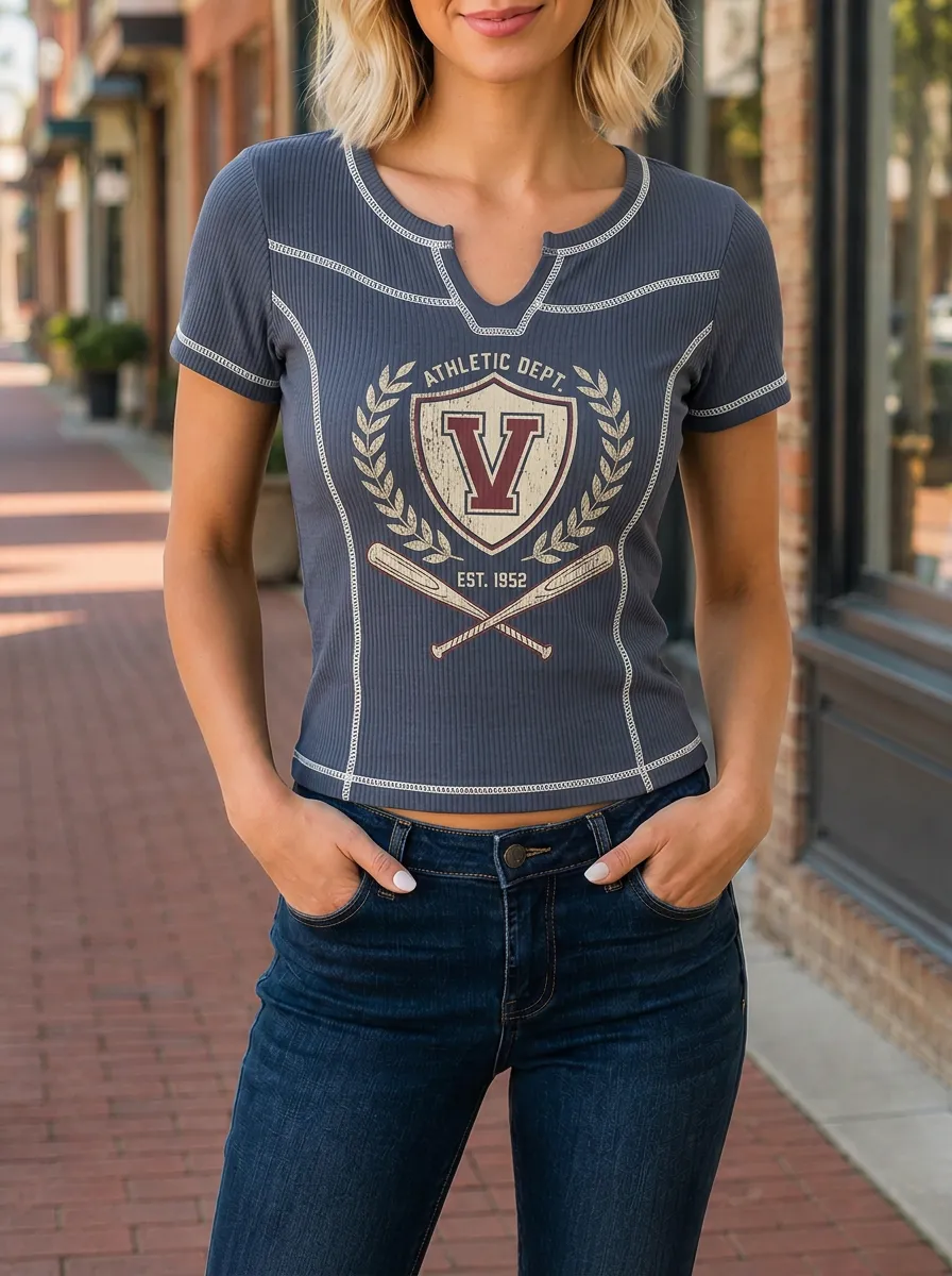 Women's Athletic Dept Baseball V-Shield Printed Ribbed Top