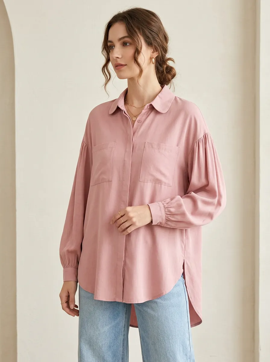 Women's Casual Pink Solid Color Button Down Long Sleeve Shirt