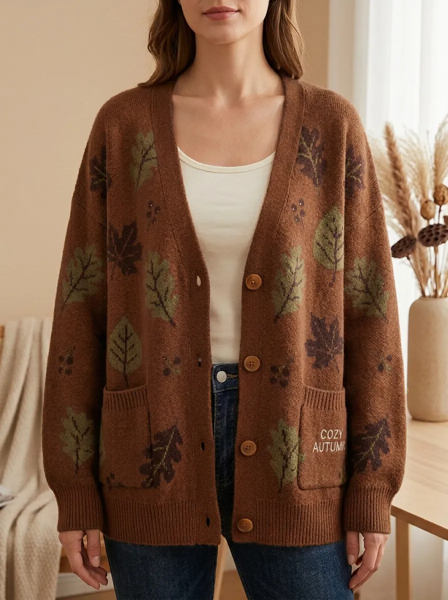 Harvest Maple Leaf Embroidered Women's Knit Cardigan