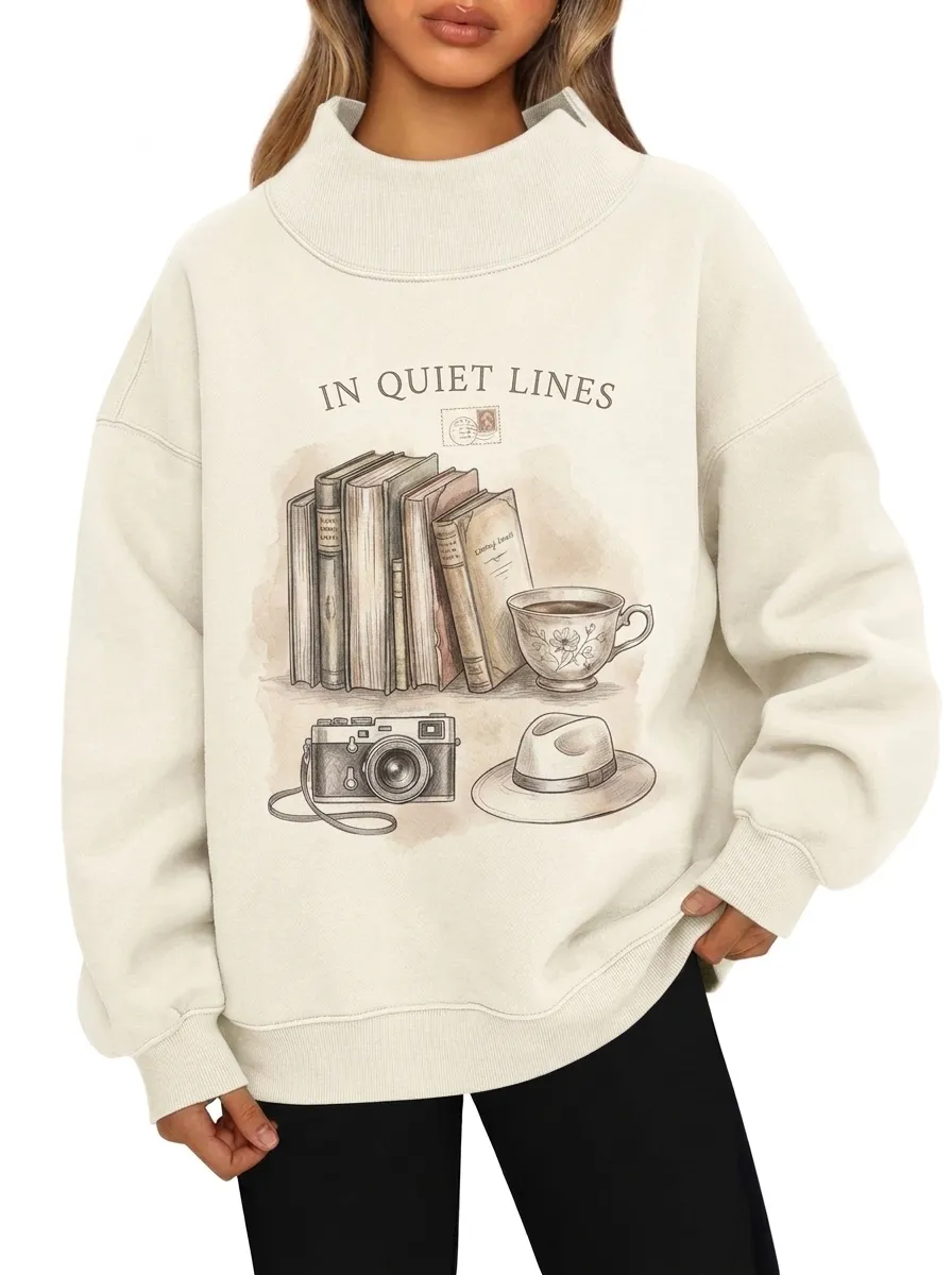 Women's Book Lover Vintage Camera Tea Printed Sweatshirt