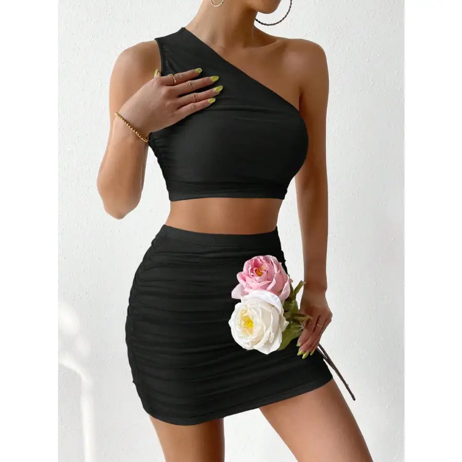 Airy Ruched Single Shoulder Top And Skirt Set