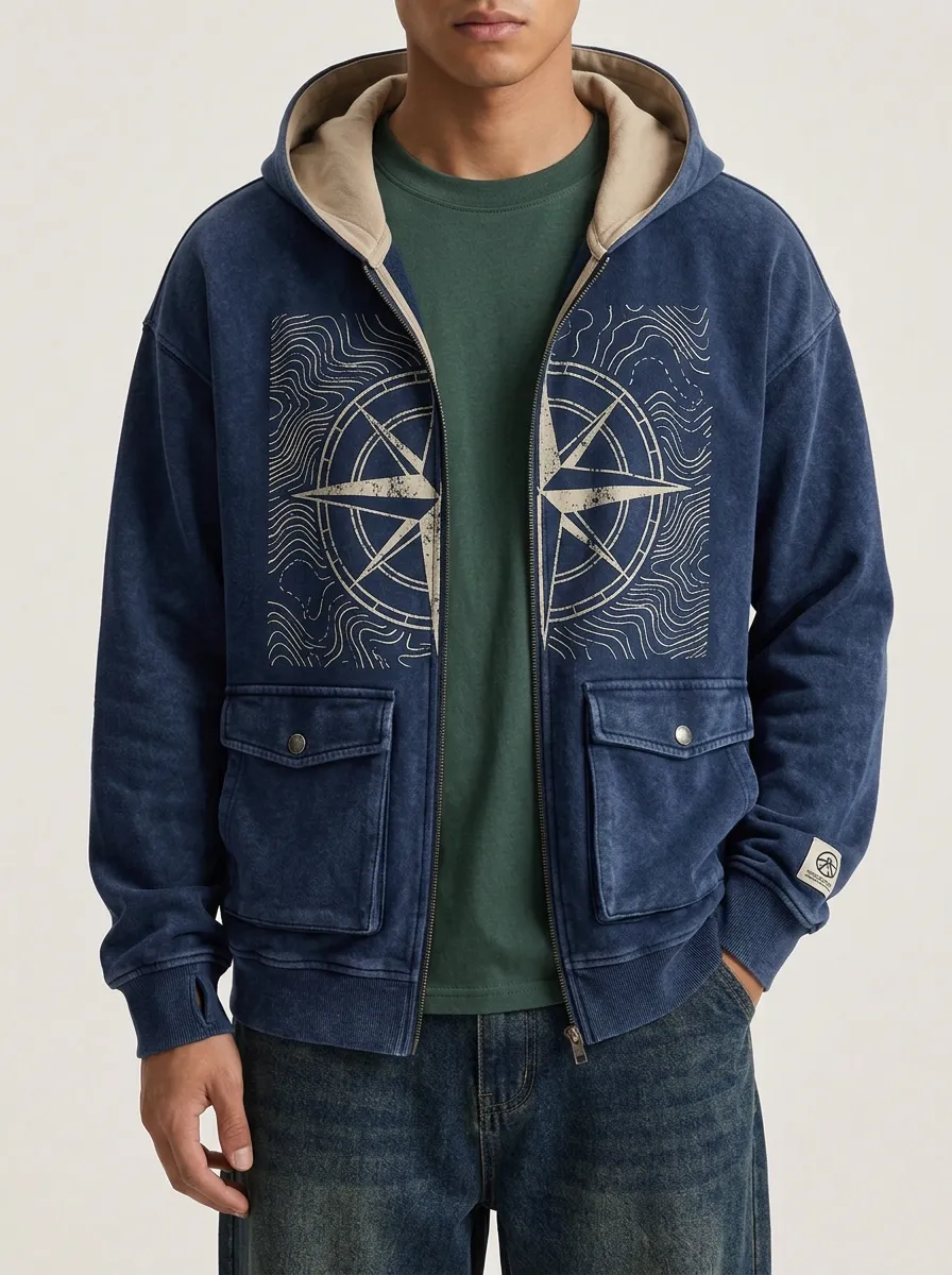 Men's Adventure Compass Topographic Printed Zip Up Hoodie