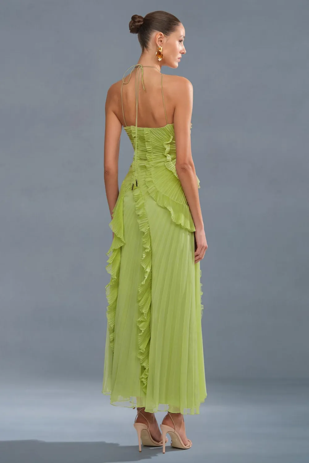 Pleated Frill Halter Neck Midi Dress