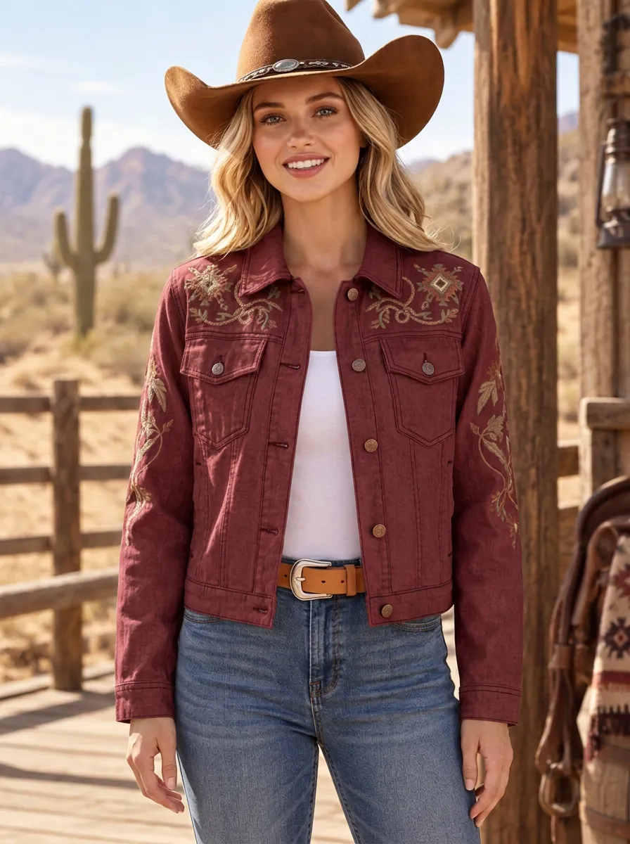 Women's Prairie Inspired Western Cowgirl Floral Embroidery Floral Embroidered Denim Jacket