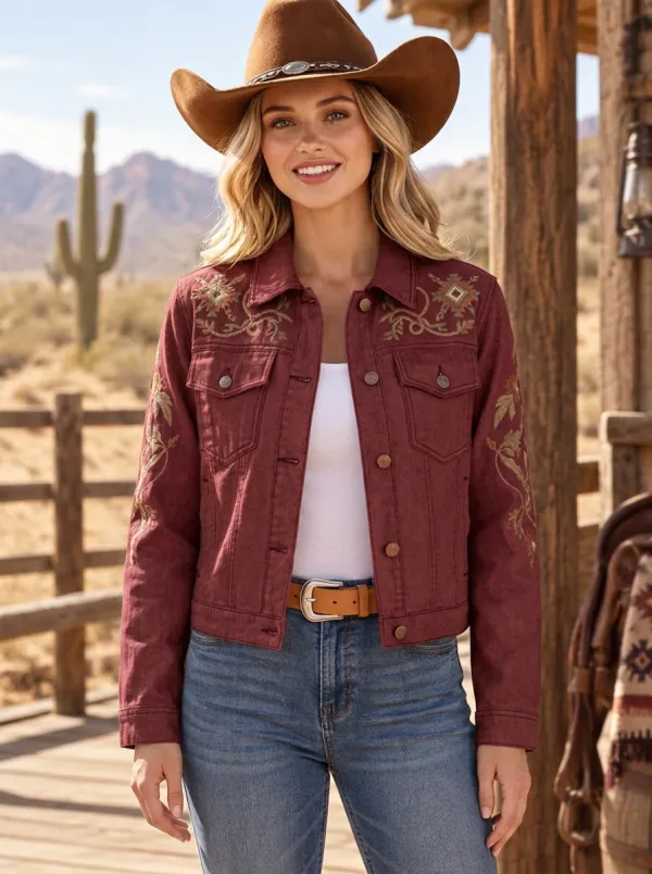 Women's Prairie Inspired Western Cowgirl Floral Embroidery Floral Embroidered Denim Jacket