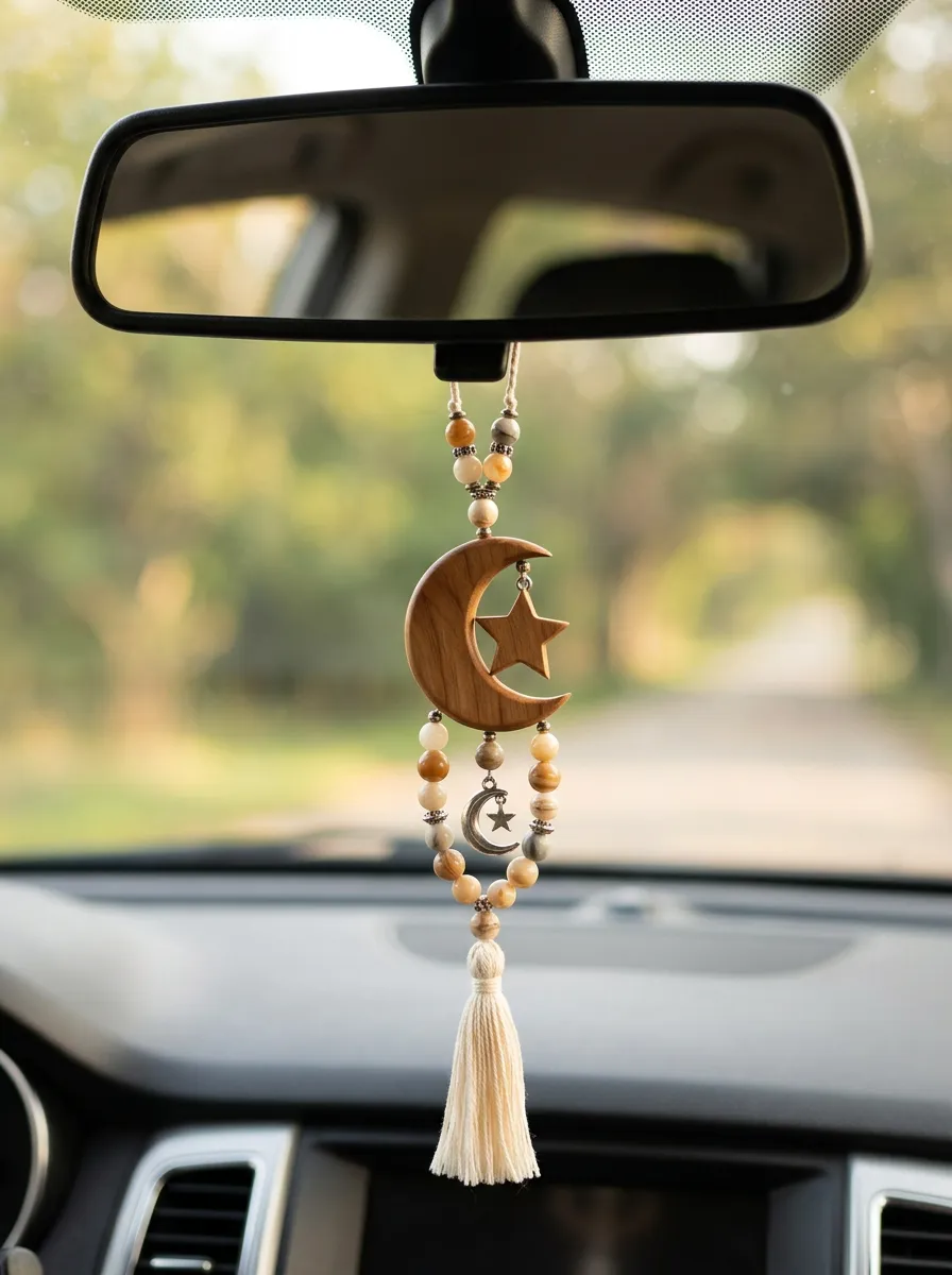 Beaded Tassel Moon-Star Rearview Mirror Hanging Ornament