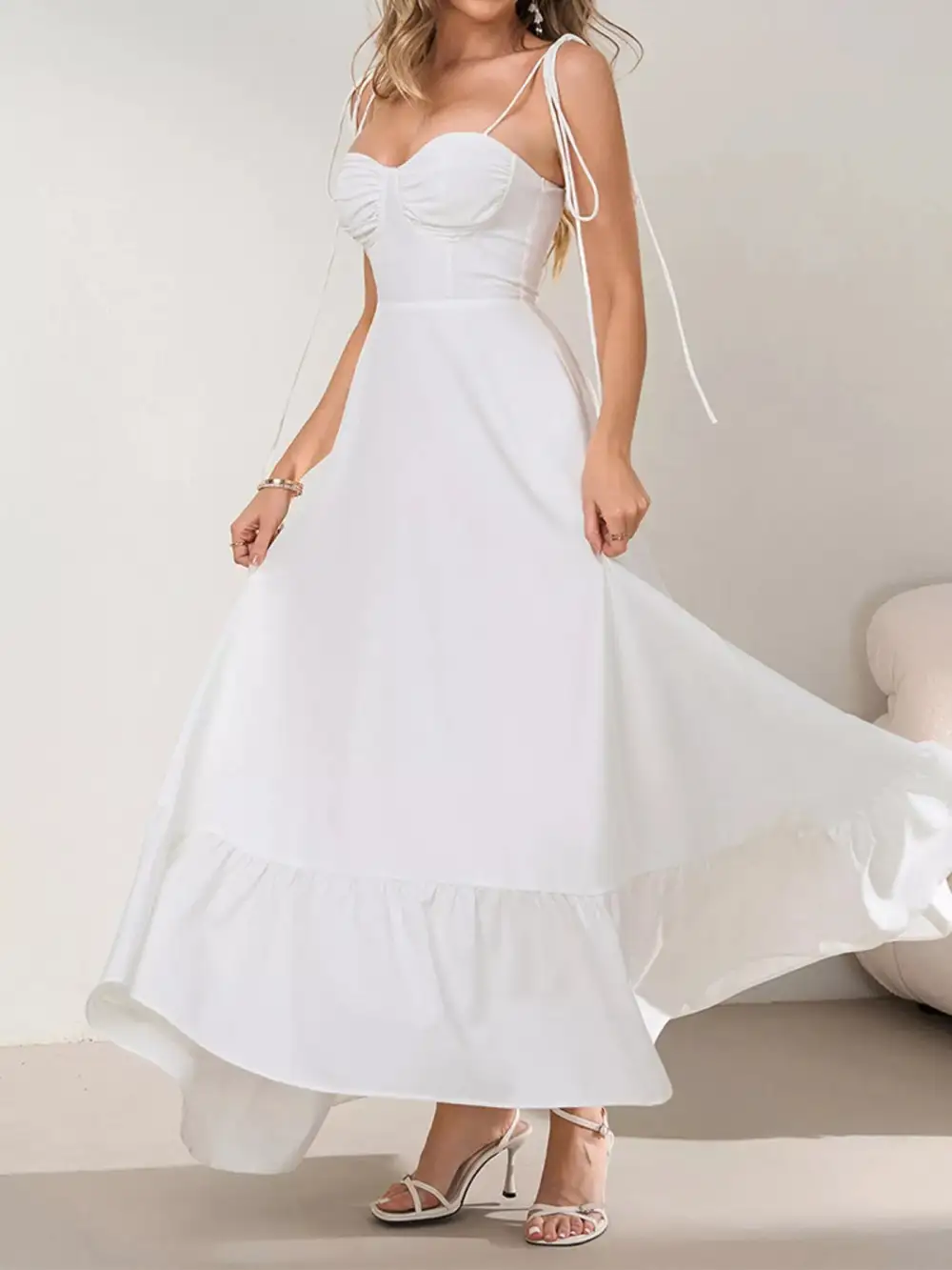 Sweetheart Neck Tie Strap Ruffle Hem Maxi Dress