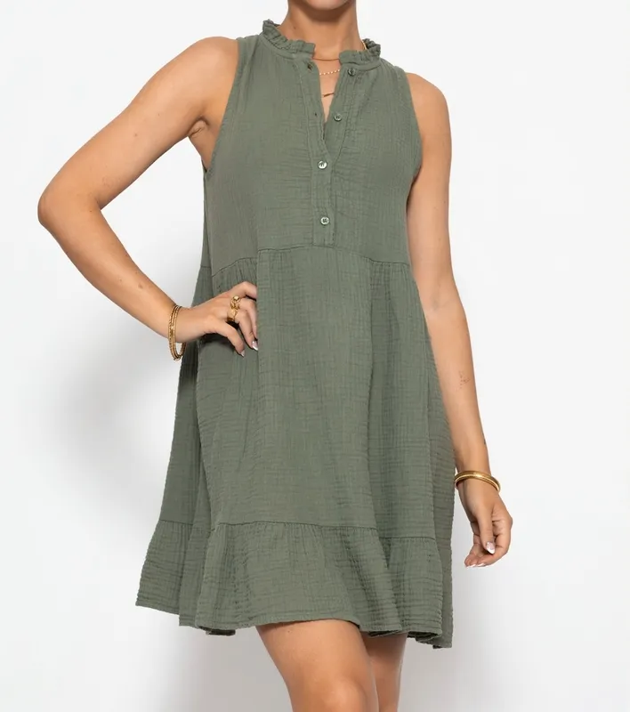 Khaki Ruffle Sleeveless Dress